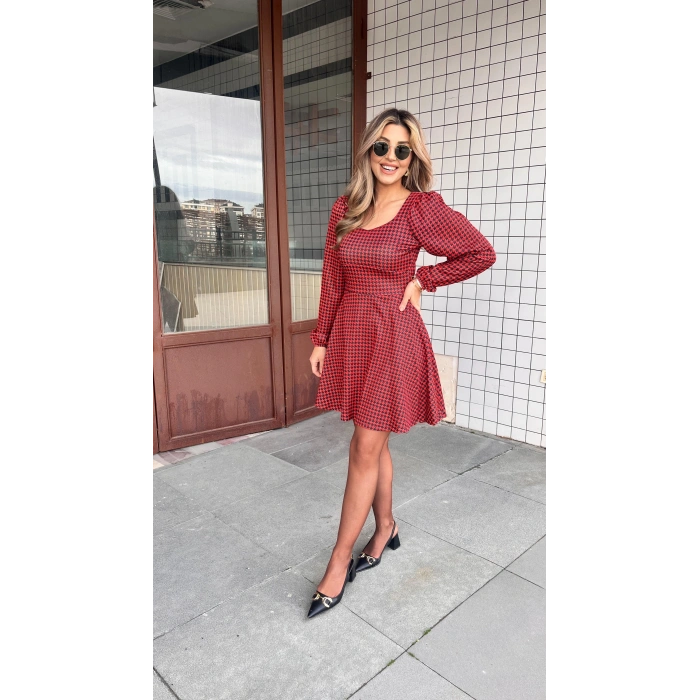 MARSiLYAN- Kadın Uzun Kollu Kare Kalp Yakalı Mini Modal Elbise