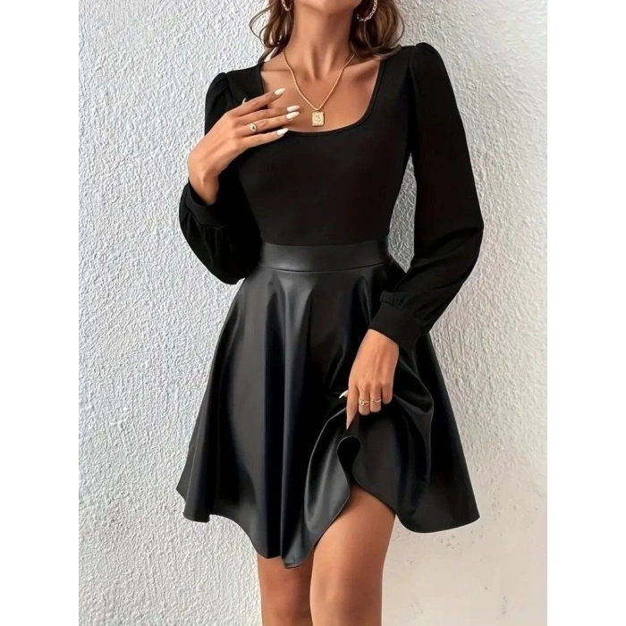 MARSiLYAN- Kadın Uzun Kollu Kare Yaka üst Viskon Alt Deri Mini Elbise