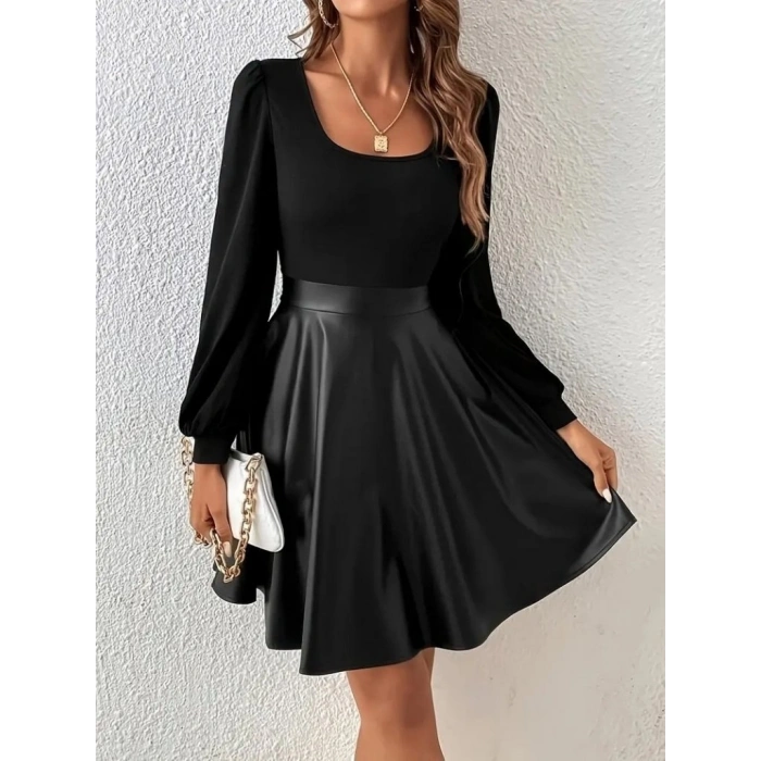 MARSiLYAN- Kadın Uzun Kollu Kare Yaka üst Viskon Alt Deri Mini Elbise