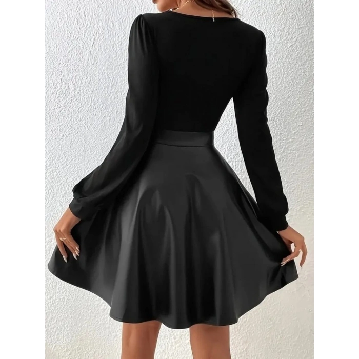 MARSiLYAN- Kadın Uzun Kollu Kare Yaka üst Viskon Alt Deri Mini Elbise