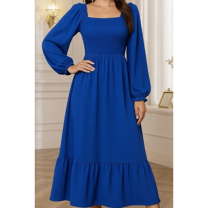 MARSiLYAN- Kadın Uzun Kollu Kare Yakalı Gipeli Uzun Trikoton Elbise