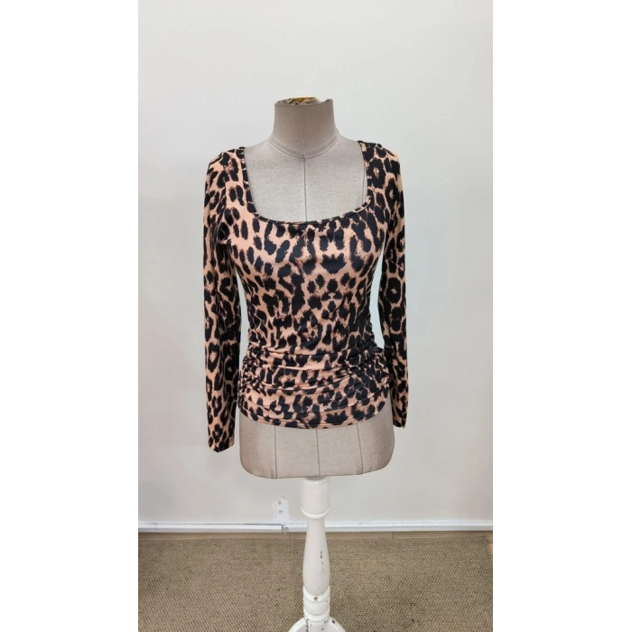 MARSiLYAN- Kadın Uzun Kollu Kare Yakalı Leopar Desenli Dalgıç Bluz