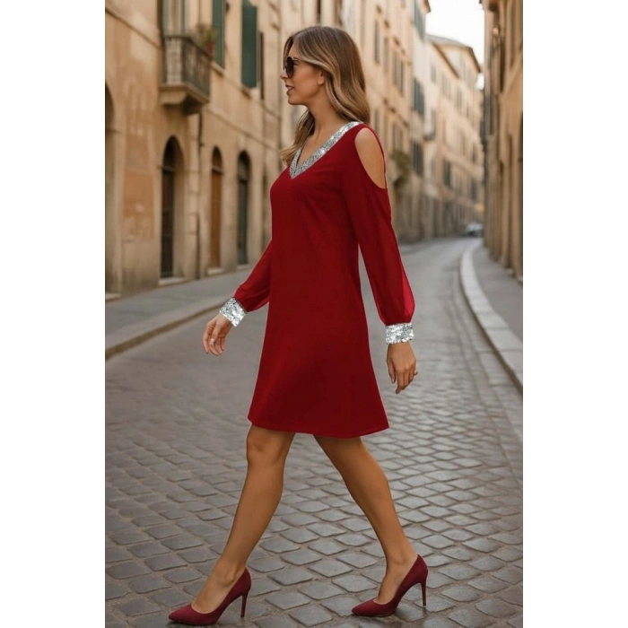 MARSiLYAN- Kadın Uzun Kollu Kollar Tül V Yakalı Mini Janjan Krep Elbise