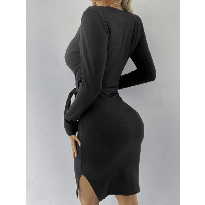 MARSiLYAN- Kadın Uzun Kollu Kruvaze Yaka Bağcık Detay Akrilik Mini Boy Elbise