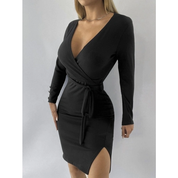 MARSiLYAN- Kadın Uzun Kollu Kruvaze Yaka Bağcık Detay Akrilik Mini Boy Elbise