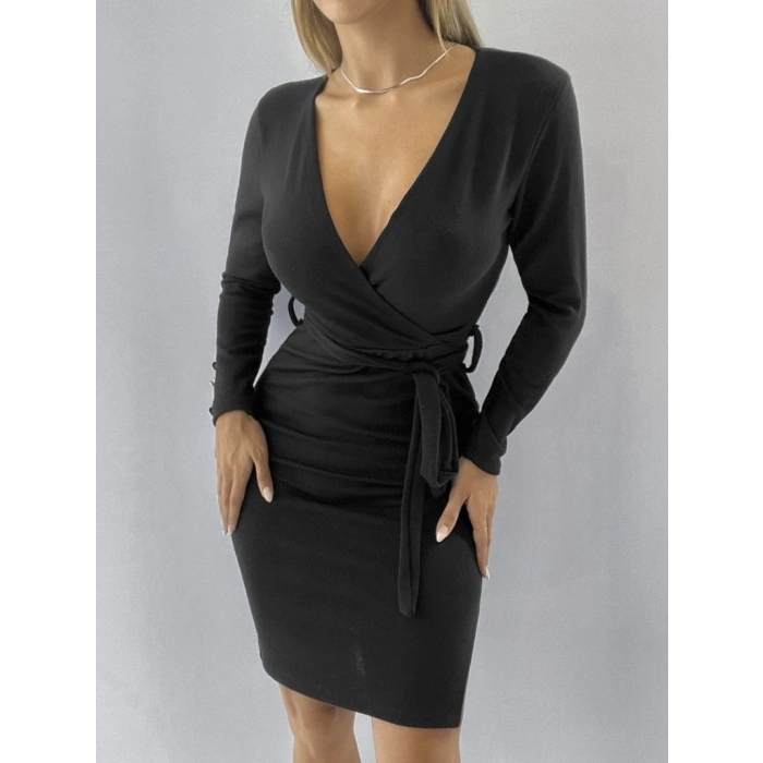 MARSiLYAN- Kadın Uzun Kollu Kruvaze Yaka Bağcık Detay Akrilik Mini Boy Elbise