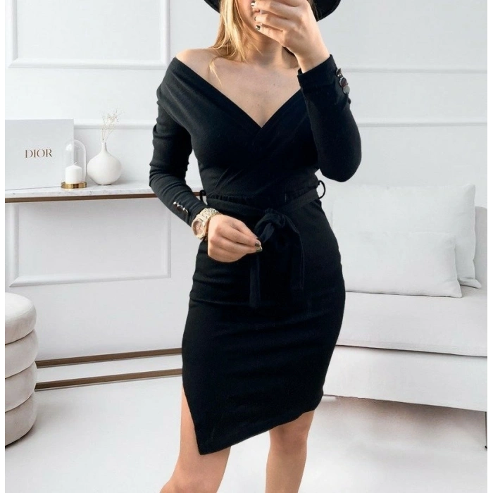 MARSiLYAN- Kadın Uzun Kollu Kruvaze Yaka Bağcık Detay Akrilik Mini Boy Elbise