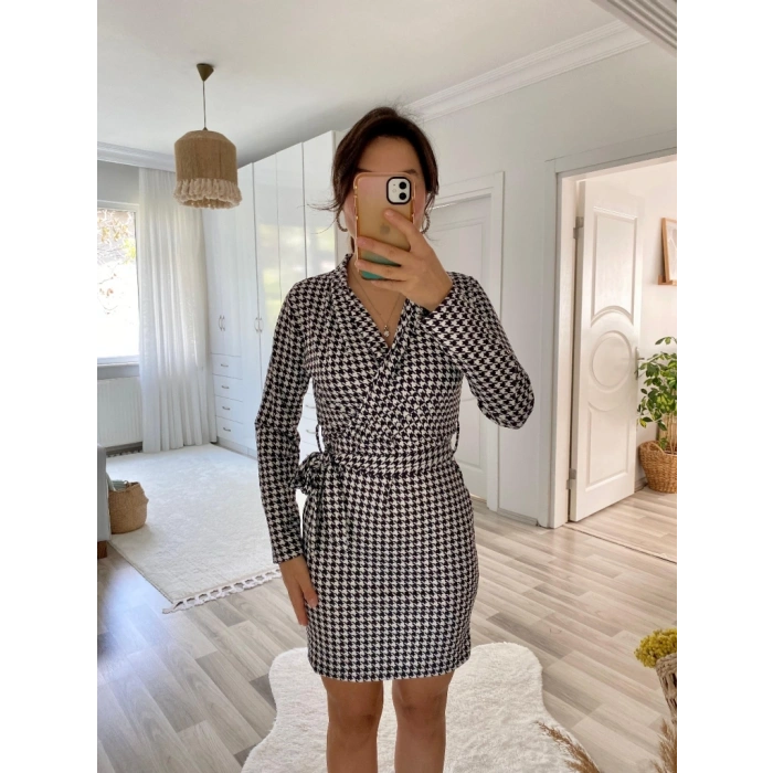 MARSiLYAN- Kadın Uzun Kollu Kruvaze Yaka Bağlamalı Kemer Dalgıç Mini Boy Elbise