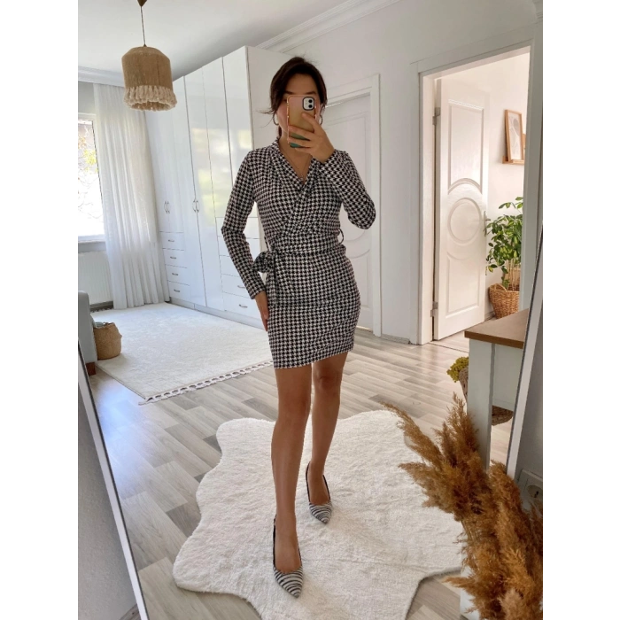 MARSiLYAN- Kadın Uzun Kollu Kruvaze Yaka Bağlamalı Kemer Dalgıç Mini Boy Elbise