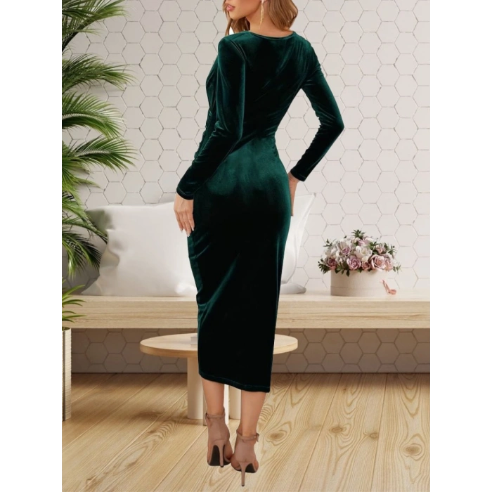 MARSiLYAN- Kadın Uzun Kollu Kruvaze Yaka Belden Büzgü Detay Midi Kadife Elbise