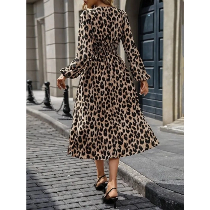 MARSiLYAN- Kadın Uzun Kollu Kruvaze Yaka Belden Oturtmalı Midi Modal Leopar Desenli Elbise