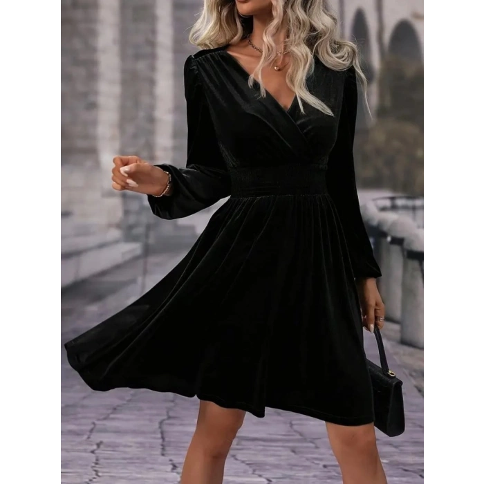 MARSiLYAN- Kadın Uzun Kollu Kruvaze Yaka Beli Lastikli Kiloş Kadife Elbise