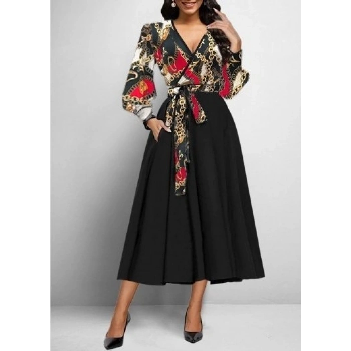 MARSiLYAN- Kadın Uzun Kollu Kruvaze Yaka Dalgıç Krep Midi Boy Elbise