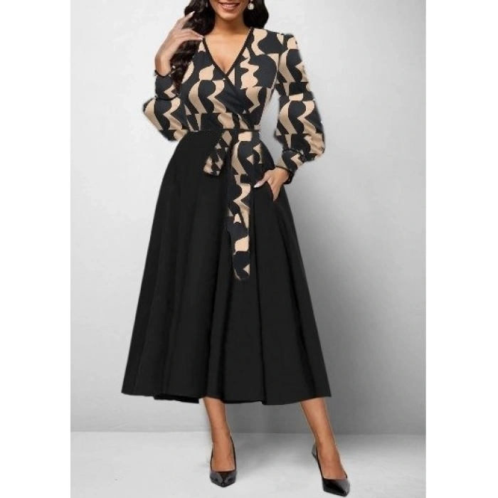 MARSiLYAN- Kadın Uzun Kollu Kruvaze Yaka Dalgıç Krep Midi Boy Elbise