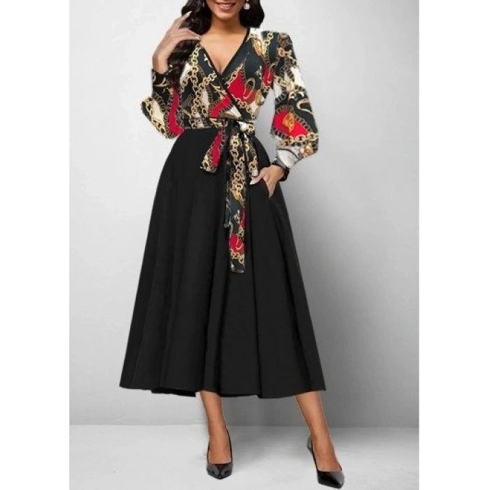 MARSiLYAN- Kadın Uzun Kollu Kruvaze Yaka Dalgıç Krep Midi Boy Elbise