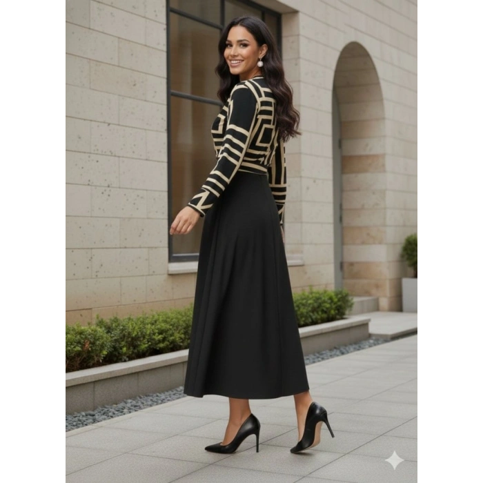 MARSiLYAN- Kadın Uzun Kollu Kruvaze Yaka Dalgıç Krep Midi Boy Elbise