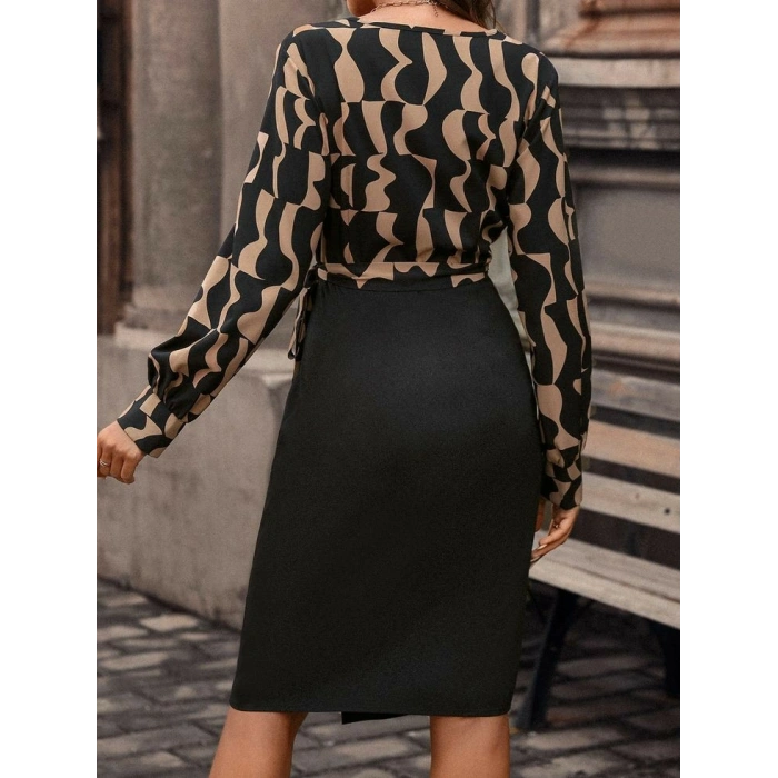 MARSiLYAN- Kadın Uzun Kollu Kruvaze Yaka Dijital Baskılı Fiyonk Detay Atlas Kumaş Elbise