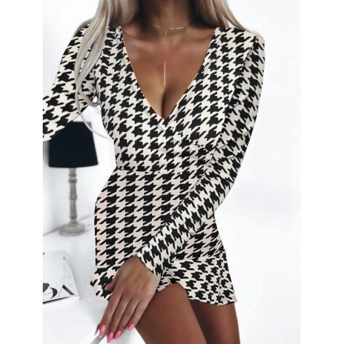 MARSiLYAN- Kadın Uzun Kollu Kruvaze Yaka Kazayağı Mikro Mini Boy Elbise