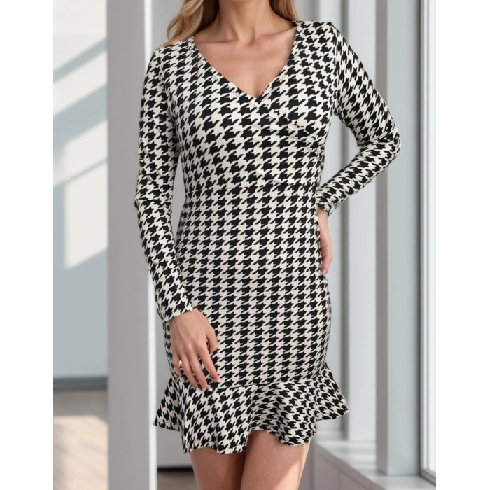 MARSiLYAN- Kadın Uzun Kollu Kruvaze Yaka Kazayağı Mikro Mini Boy Elbise