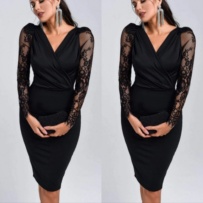 MARSiLYAN- Kadın Uzun Kollu Kruvaze Yaka Kollar Tül Detay Krep Mini Boy Elbise