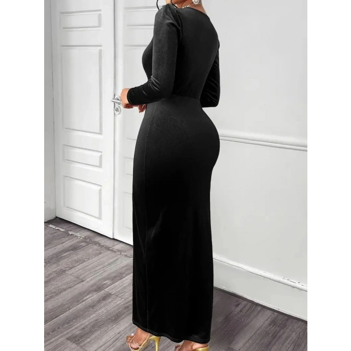 MARSiLYAN- Kadın Uzun Kollu Kruvaze Yaka önünden çapraz Detaylı Uzun Kadife Elbise