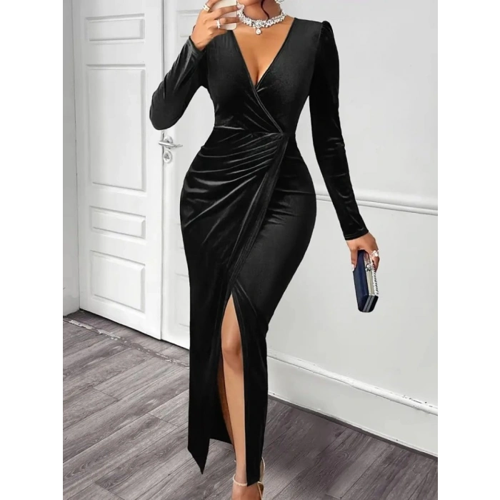 MARSiLYAN- Kadın Uzun Kollu Kruvaze Yaka önünden çapraz Detaylı Uzun Kadife Elbise