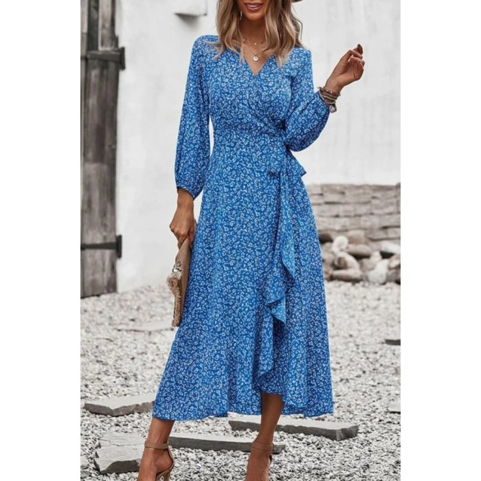 MARSiLYAN- Kadın Uzun Kollu Kruvaze Yaka Yandan Bağlamalı önden Fırfır Detaylı Süprem Uzun Elbise