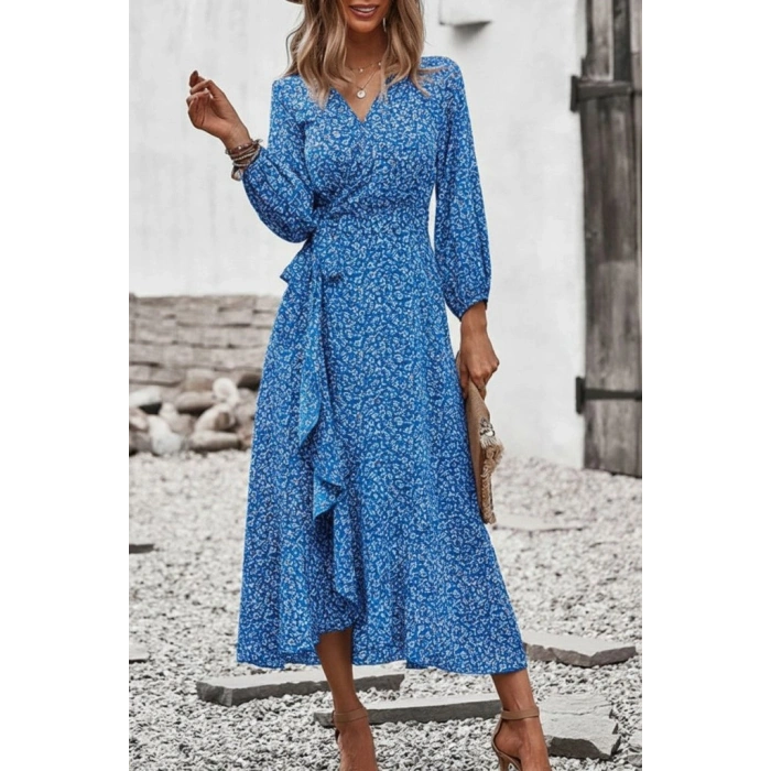 MARSiLYAN- Kadın Uzun Kollu Kruvaze Yaka Yandan Bağlamalı önden Fırfır Detaylı Süprem Uzun Elbise