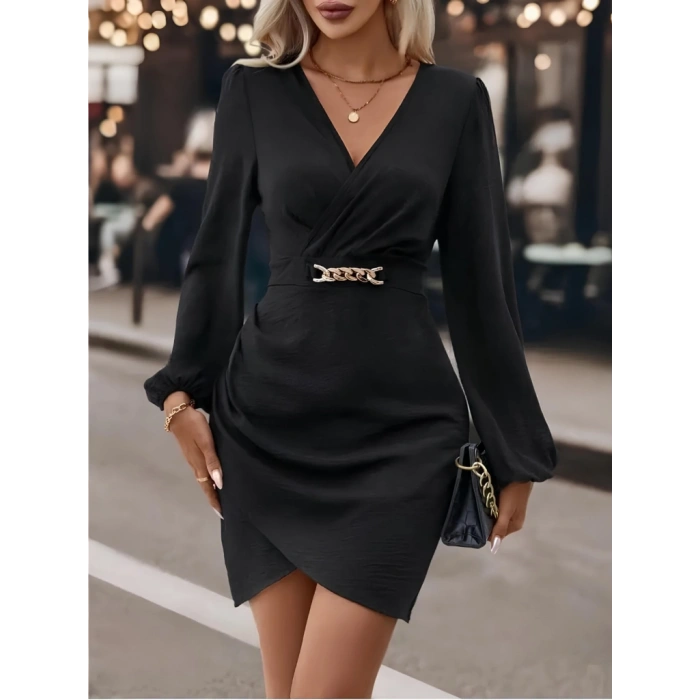 MARSiLYAN- Kadın Uzun Kollu Kruvaze Yaka Yandan Büzgülü Asimetrik Detaylı Ithal Krep Mini Elbise