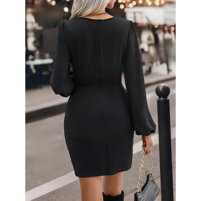 MARSiLYAN- Kadın Uzun Kollu Kruvaze Yaka Yandan Büzgülü Asimetrik Detaylı Ithal Krep Mini Elbise