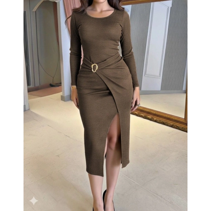 MARSiLYAN- Kadın Uzun Kollu Kruvaze Yaka Yandan Toka Detaylı önden çapraz Detaylı Ottoman Elbise