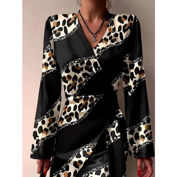 MARSiLYAN- Kadın Uzun Kollu Kruvaze Yakalı Asimetrik Detaylı Mini Modal Elbise