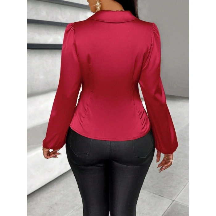 MARSiLYAN- Kadın Uzun Kollu Kruvaze Yakalı Asimetrik Saten Bluz