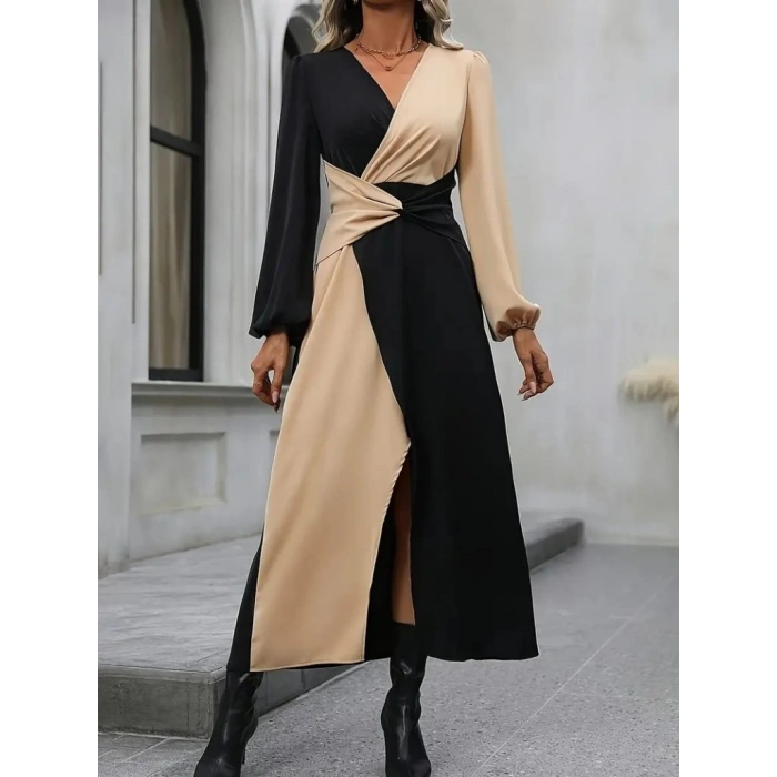 MARSiLYAN- Kadın Uzun Kollu Kruvaze Yakalı Belden çapraz Detaylı çift Renkli Midi Ithal Krep Elbise
