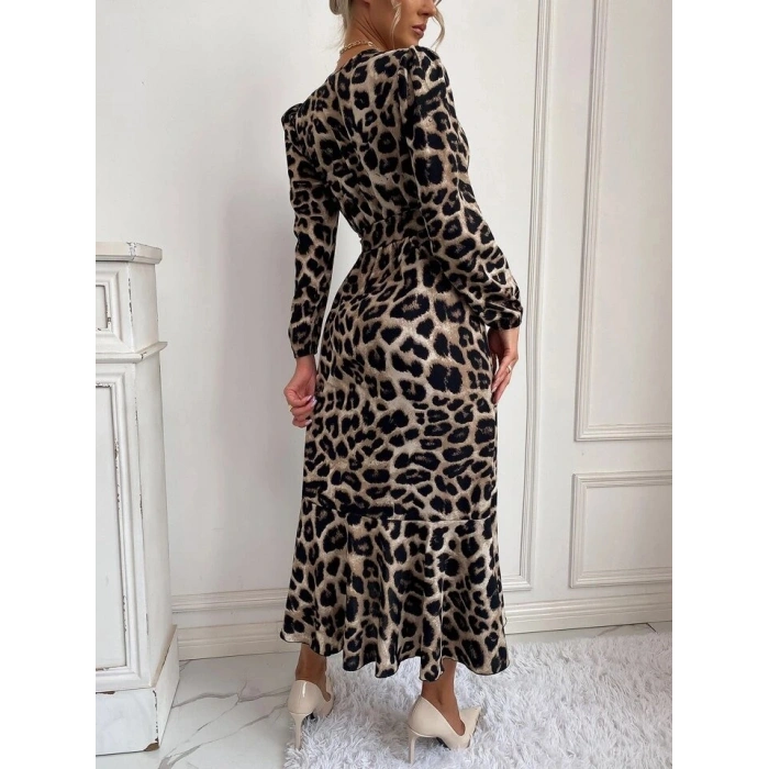 MARSiLYAN- Kadın Uzun Kollu Kruvaze Yakalı Belden Kuşaklı Leopar