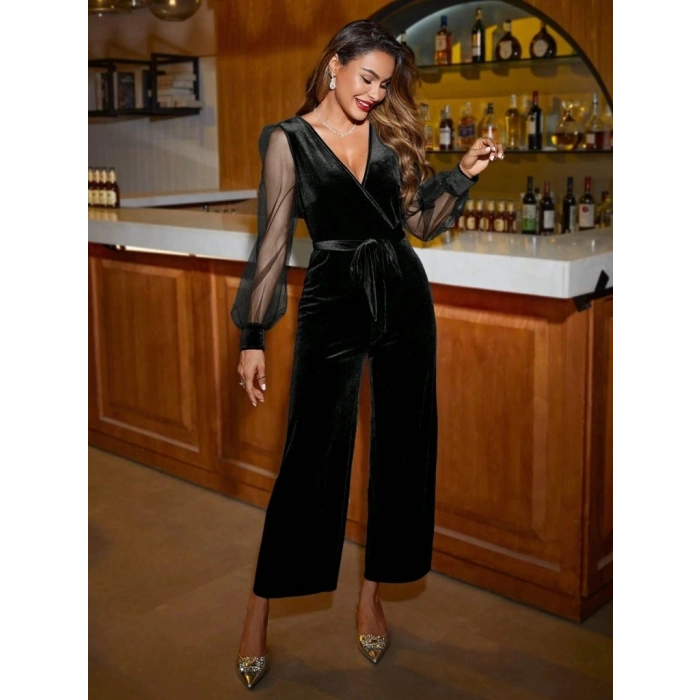 MARSiLYAN- Kadın Uzun Kollu Kruvaze Yakalı Belden Kuşaklı Tül Detaylı Kadife Tulum