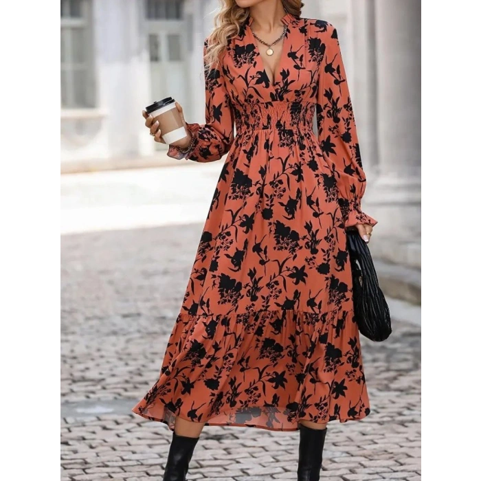 MARSiLYAN- Kadın Uzun Kollu Kruvaze Yakalı çiçek Desenli Maksi Süprem Elbise