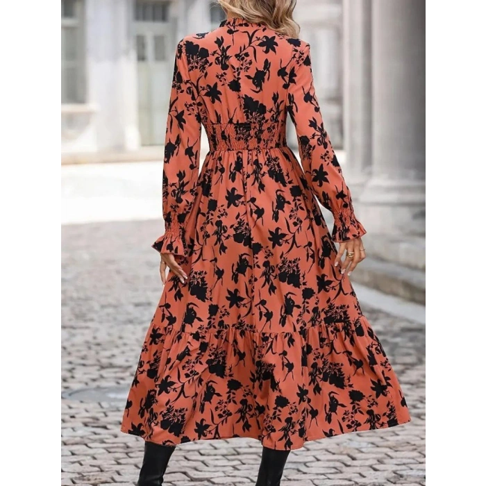 MARSiLYAN- Kadın Uzun Kollu Kruvaze Yakalı çiçek Desenli Maksi Süprem Elbise