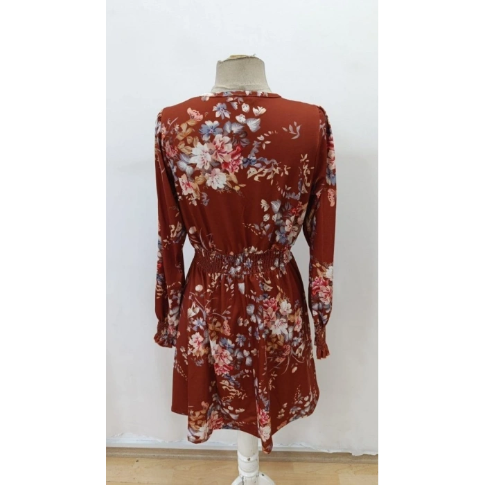 MARSiLYAN- Kadın Uzun Kollu Kruvaze Yakalı çiçek Desenli Mini Süprem Elbise