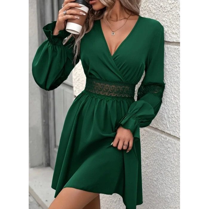 MARSiLYAN- Kadın Uzun Kollu Kruvaze Yakalı Dantelli Fermuar Detaylı Mini Ithal Krep Elbise