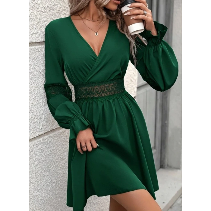 MARSiLYAN- Kadın Uzun Kollu Kruvaze Yakalı Dantelli Fermuar Detaylı Mini Ithal Krep Elbise