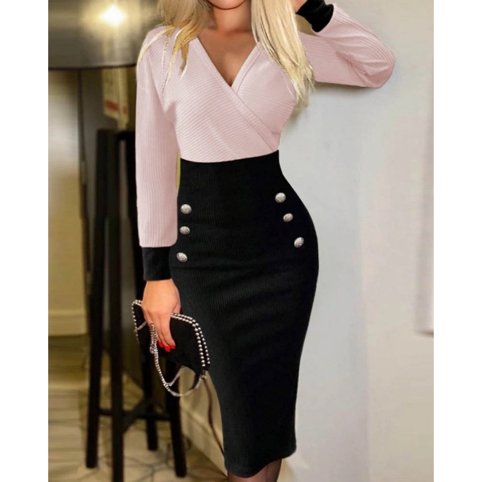 MARSiLYAN- Kadın Uzun Kollu Kruvaze Yakalı Düğme Blok Desenli Kaşkorse Elbise