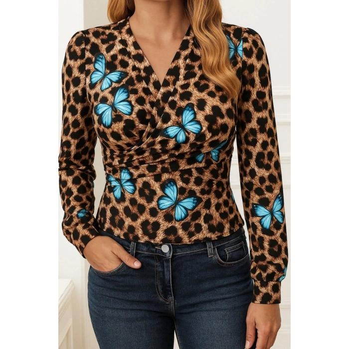 MARSiLYAN- Kadın Uzun Kollu Kruvaze Yakalı Kelebek Desenli şardonlu Dalgıç Bluz
