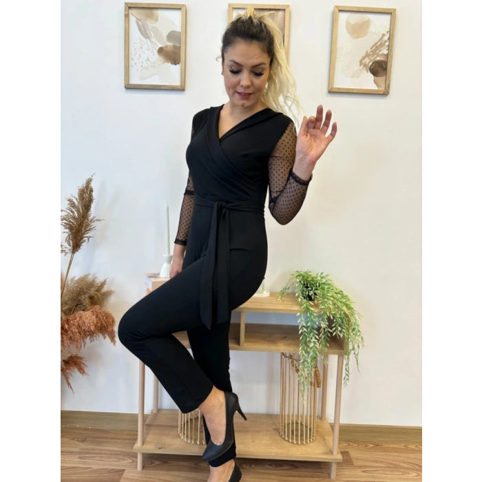 MARSiLYAN- Kadın Uzun Kollu Kruvaze Yakalı Kolları Tül Detay Beli Kuşaklı Ithal Krep Tulum