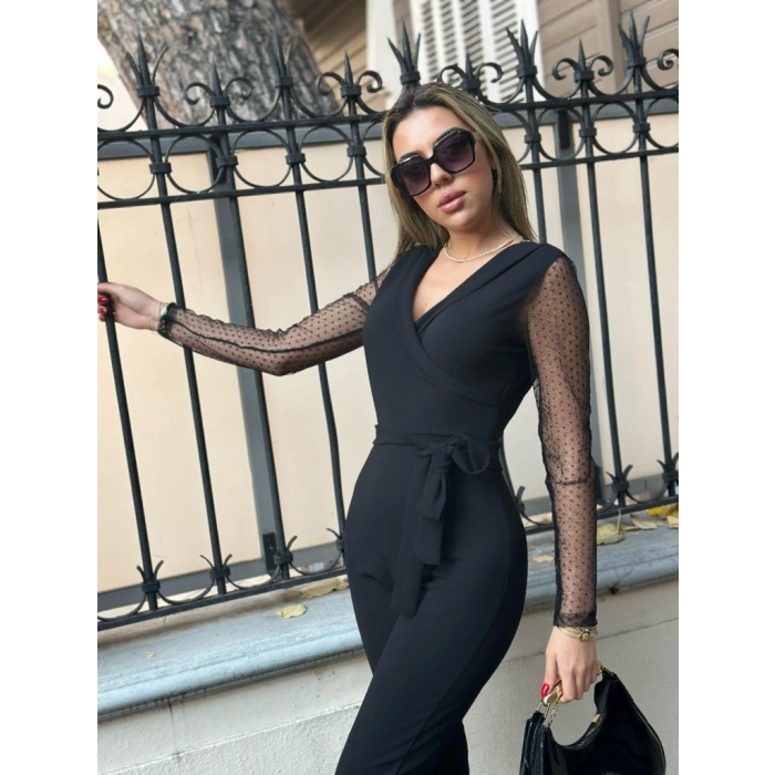 MARSiLYAN- Kadın Uzun Kollu Kruvaze Yakalı Kolları Tül Detay Beli Kuşaklı Ithal Krep Tulum