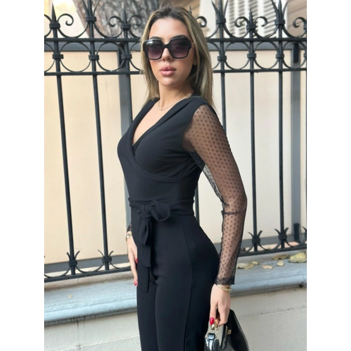 MARSiLYAN- Kadın Uzun Kollu Kruvaze Yakalı Kolları Tül Detay Beli Kuşaklı Ithal Krep Tulum