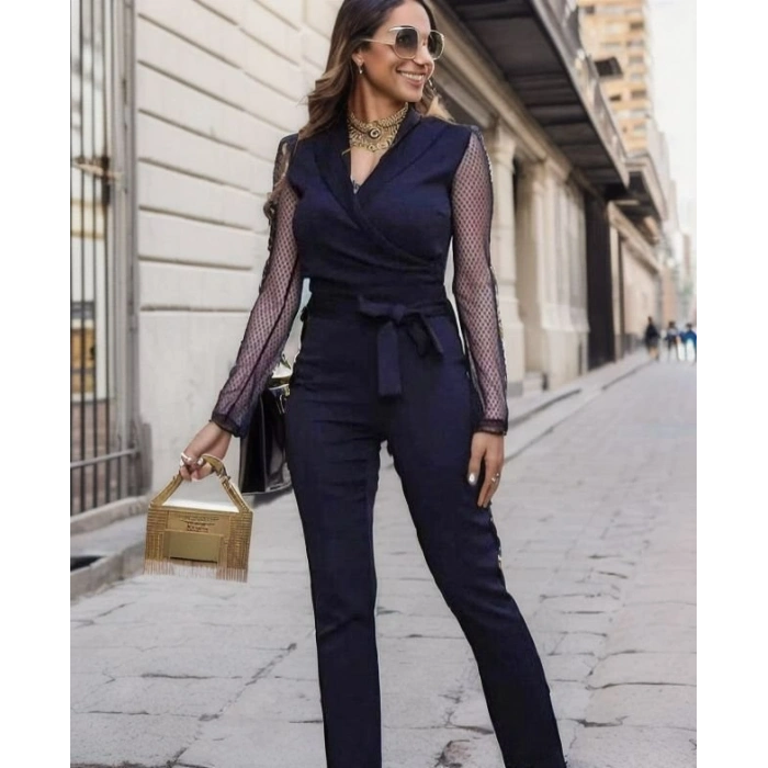 MARSiLYAN- Kadın Uzun Kollu Kruvaze Yakalı Kolları Tül Detay Beli Kuşaklı Ithal Krep Tulum