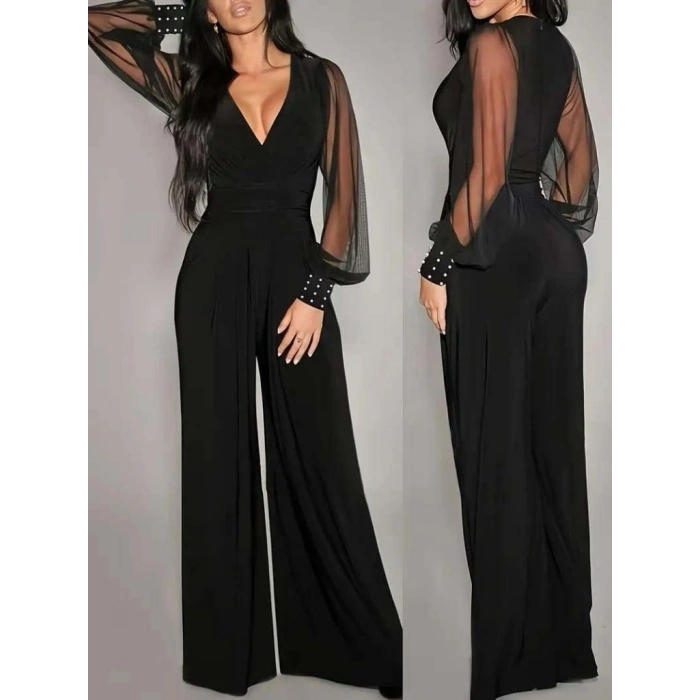 MARSiLYAN- Kadın Uzun Kollu Kruvaze Yakalı Kolları Tüllü Viskon Tulum