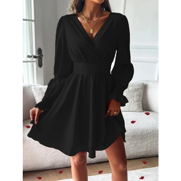 MARSiLYAN- Kadın Uzun Kollu Kruvaze Yakalı Mini Sandy Elbise