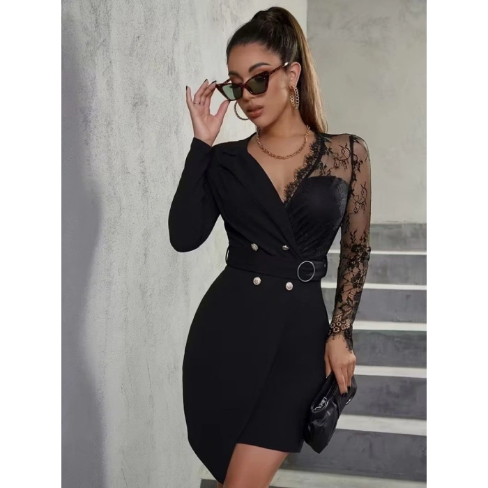 MARSiLYAN- Kadın Uzun Kollu Kruvaze Yakalı önden Düğmeli Kısa Ithal Krep Elbise